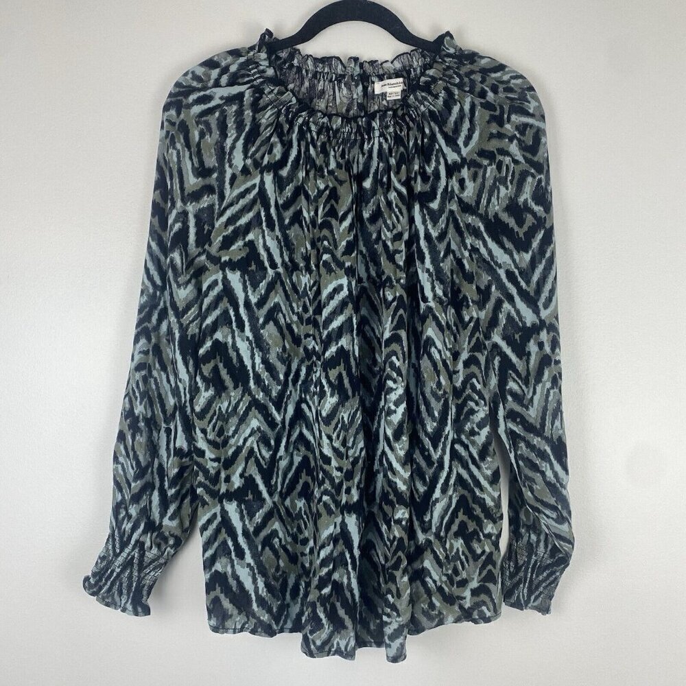 BeachLunchLounge Women's Zebra Print Puff Sleeve Blouse Size XS Blue Green